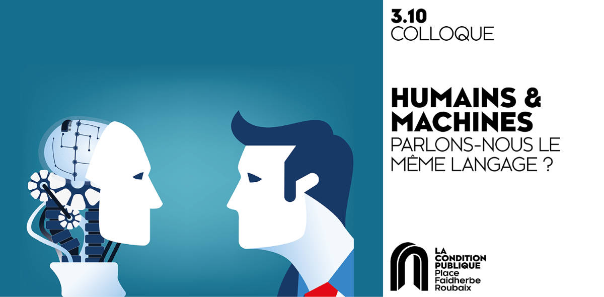 affiche de la conférence qui montre un robot face à un humain en illustration vectorielle colorée.