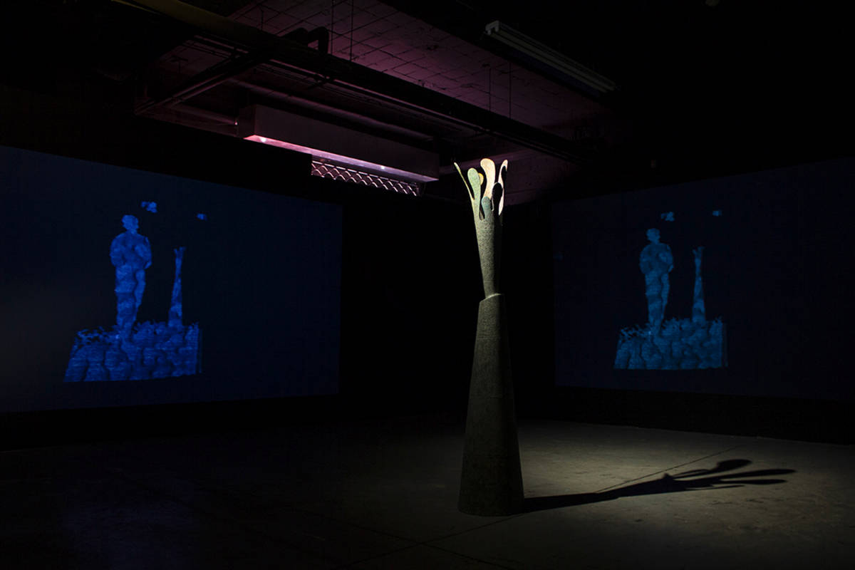 work by Arya Tabandehpoor, in this room, the Iranian artist presents a series of rotating objects, light and videos