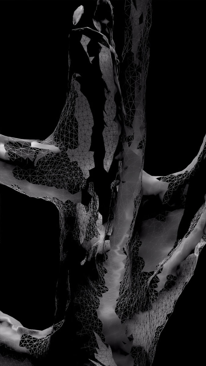 détail des images présentées sur écran, une sorte de grotte aux couleurs lumineuses est représentée en 3D, il s'agit de l'intérieur de la sculpture